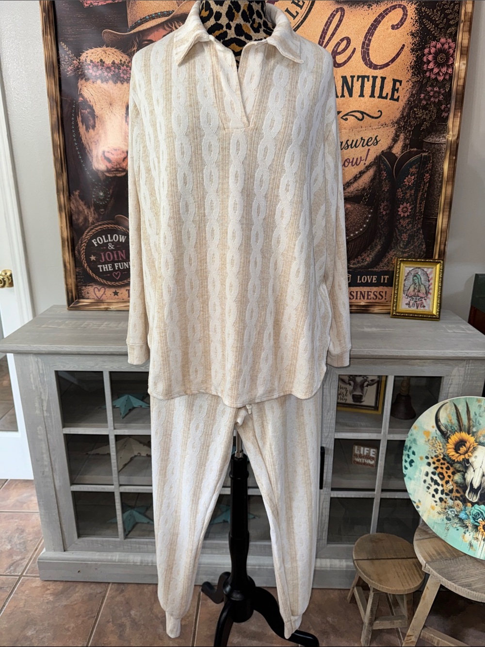 LIKE LOVE Women's 2PC Set Cream Cable-Knit Top/Jogger - Sz 1XL